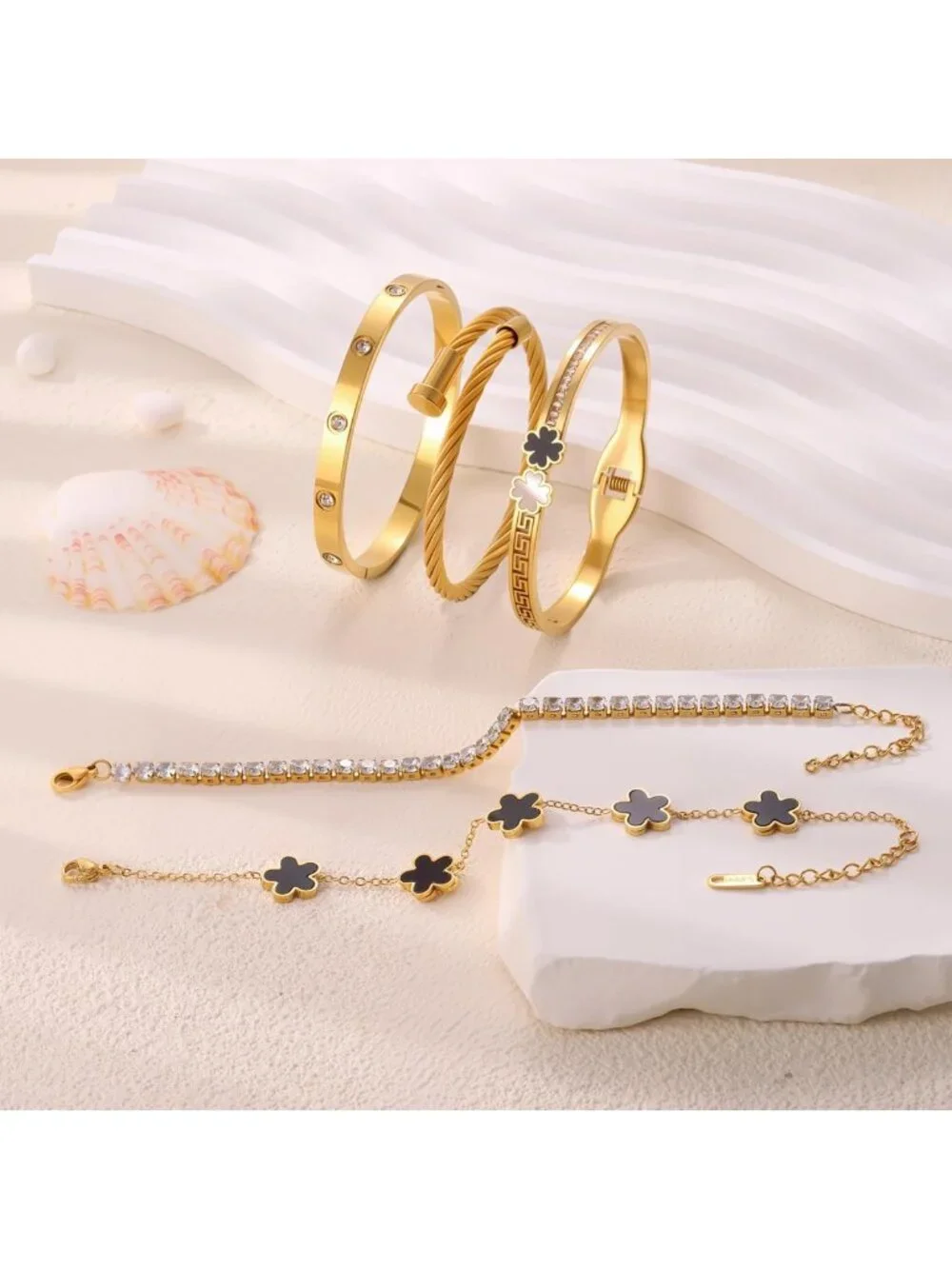 Stackable Silver Bangle Bracelets for Women - Non-Tarnish Clover Charm Gift
